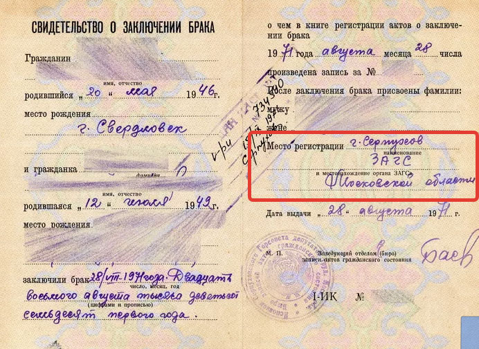 Место регистрации (ЗАГС) в свидетельстве о заключении брака СССР
