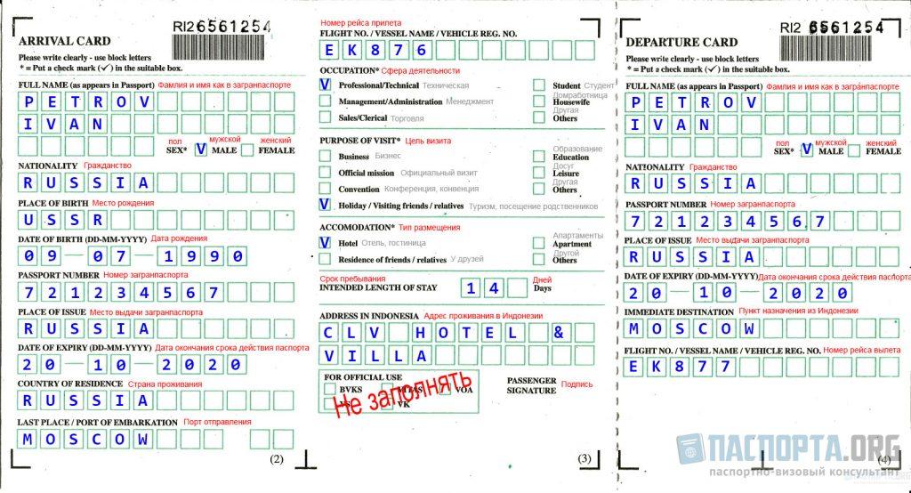 Образец заполнения миграционной карты Индонезии.